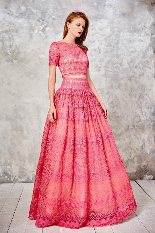 Angela & Alison - 71008 Laced Two-Piece A-line Evening Gown In Pink