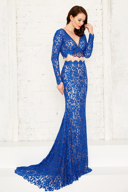 Angela & Alison - 71016 Lace Deep V-neck Sheath Dress In Blue