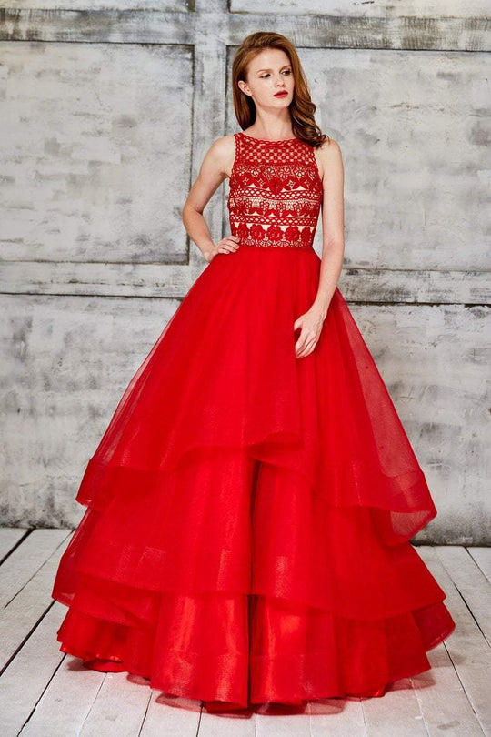 Angela & Alison - 71029 Sleeveless Tiered A-line Evening Gown In Red