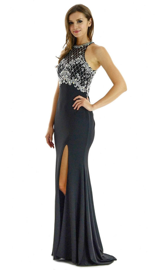 Poly USA - 7102 Adorned Illusion Jewel High Slit Gown in Black