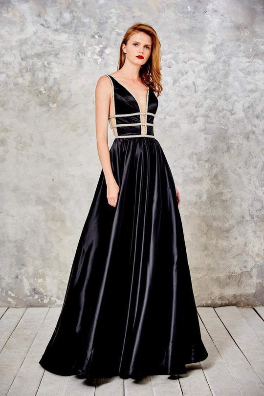 Angela & Alison - 71031 Deep V-Neck Bejeweled A-line Gown In Black