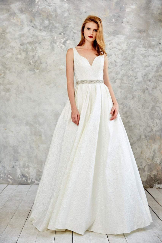 Angela & Alison - 71046 Bedazzled V-neck Ballgown In White