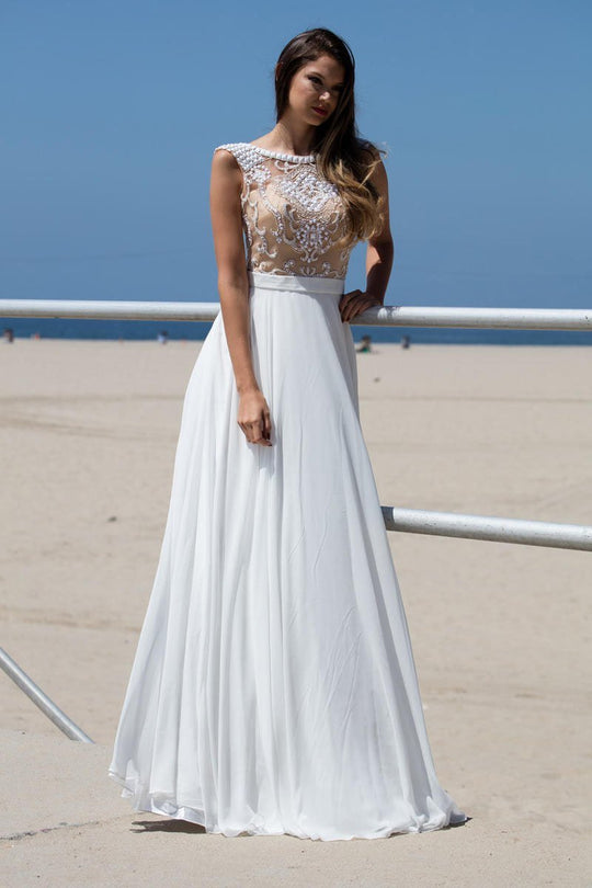 Angela & Alison - 71051 Bateau Neck Bejeweled A-line Gown In White