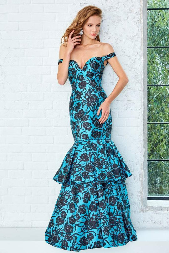 Angela & Alison Floral Print Off Shoulder Layered Trumpet Gown 71056 In Blue and Green