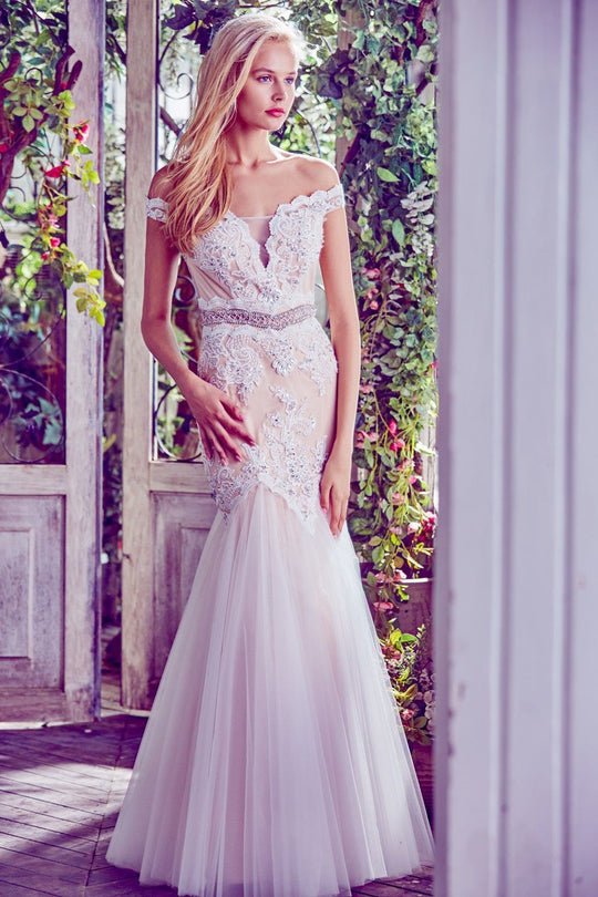 Angela & Alison - 71067 Lace Embroidered Off Shoulder Prom Gown In White and Neutral