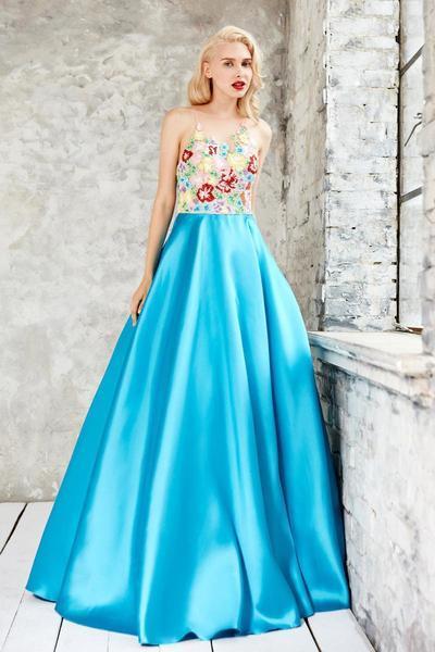 Angela & Alison - 71068 Beaded Floral Embellished Ballgown In Blue and Multi-Color