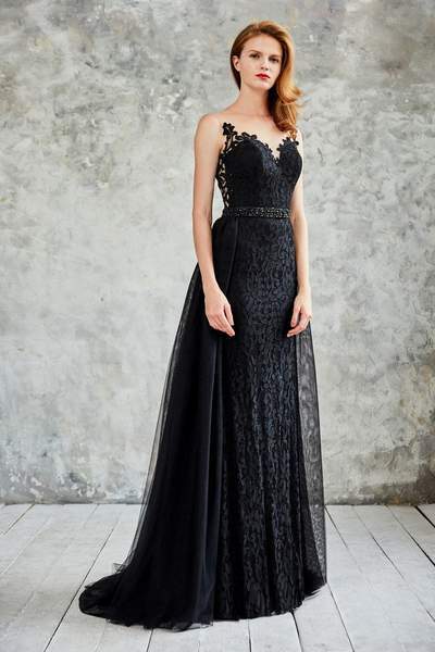 Angela & Alison - Lace Illusion Jewel Sheath Dress 71073 In Black