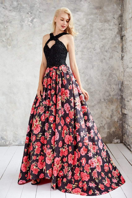 Angela & Alison - 71096 Embellished Halter Floral A-line Dress In Black and Floral
