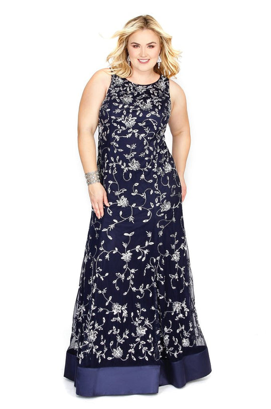 Kurves by Kimi - 71153L Sequined Scoop A Line Long Gown In Blue