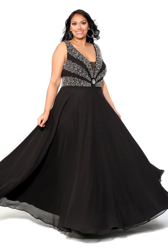 Kurves by Kimi - Bedazzled V-Neck A-line Dress 71159 in Black and Silver