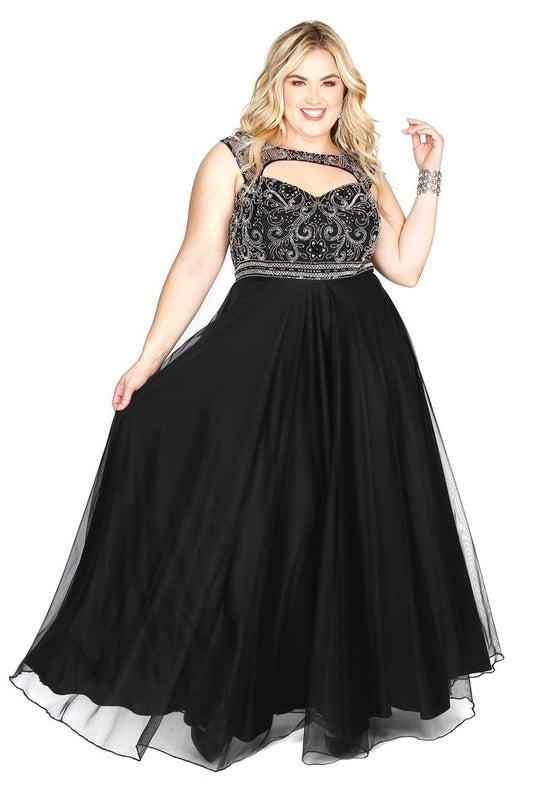 Kurves by Kimi - Bead Embellished Bateau Neck A-line Dress 71163 In Black and Silver