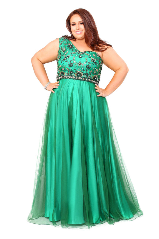 Kurves by Kimi - Embellished One-Shoulder A-line Dress 71166 in Green