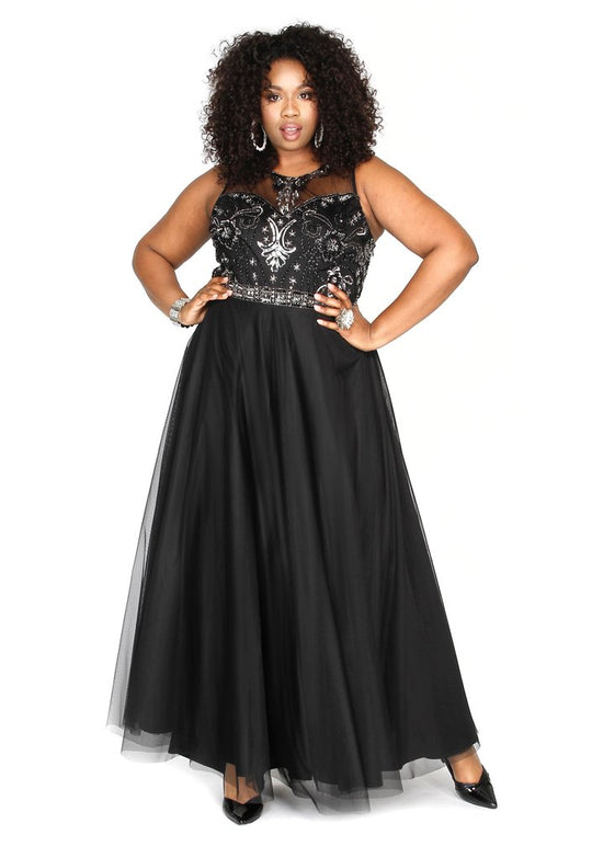 Kurves by Kimi - Bejeweled Illusion Neck A-line Dress 71669 In Black