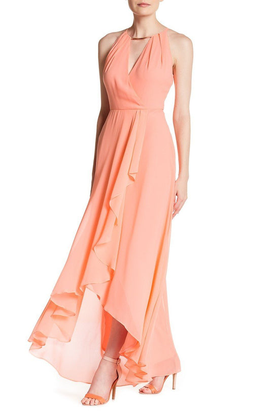 Sangria - SBJA939 Keyhole Pleated High Low Gown in Orange