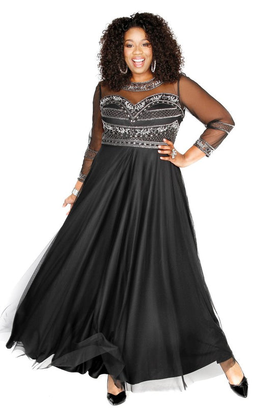 Kurves by Kimi - 71196 Embellished Jewel A Line Long Dress In Black