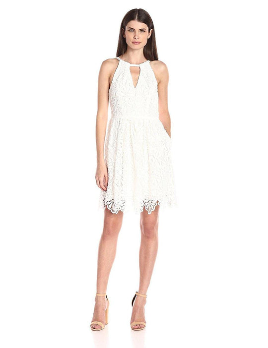 Adrianna Papell - Halter Neck Short Lace Dress 13263700 in White