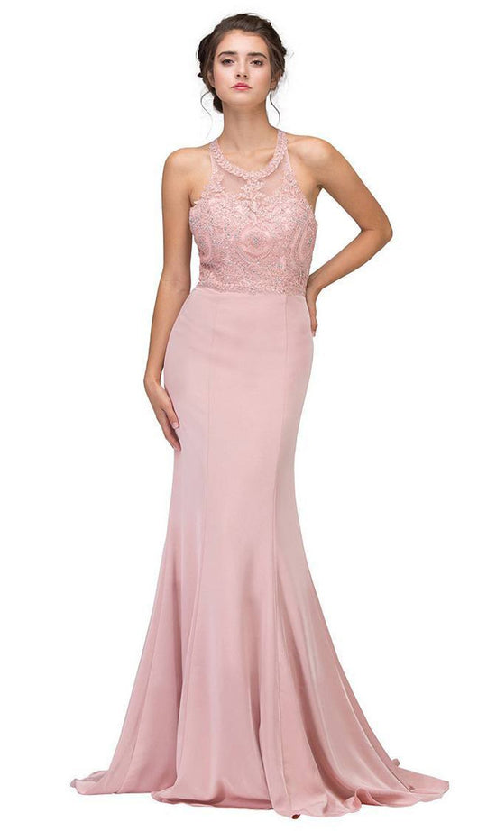 Eureka Fashion - 7133 Applique Halter Stretch Satin Trumpet Dress in Pink