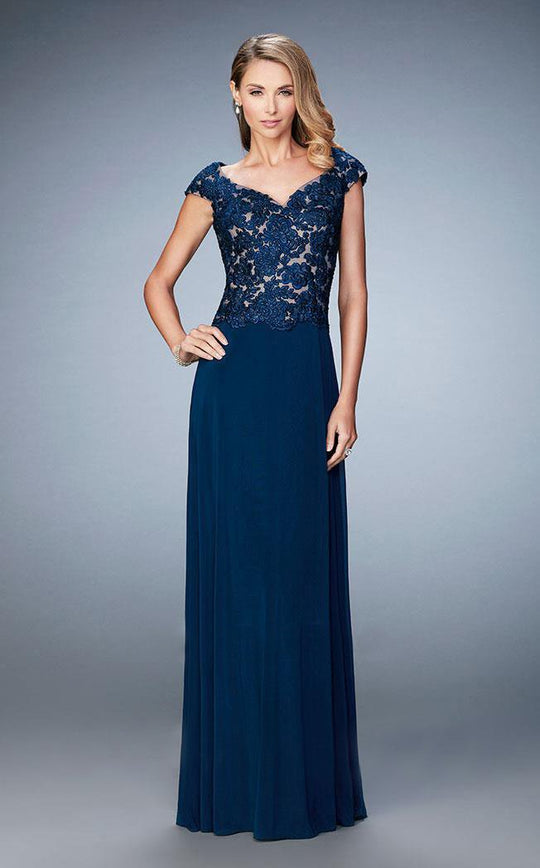 La Femme - 21767 Embellished Lace Net Evening Gown In Blue