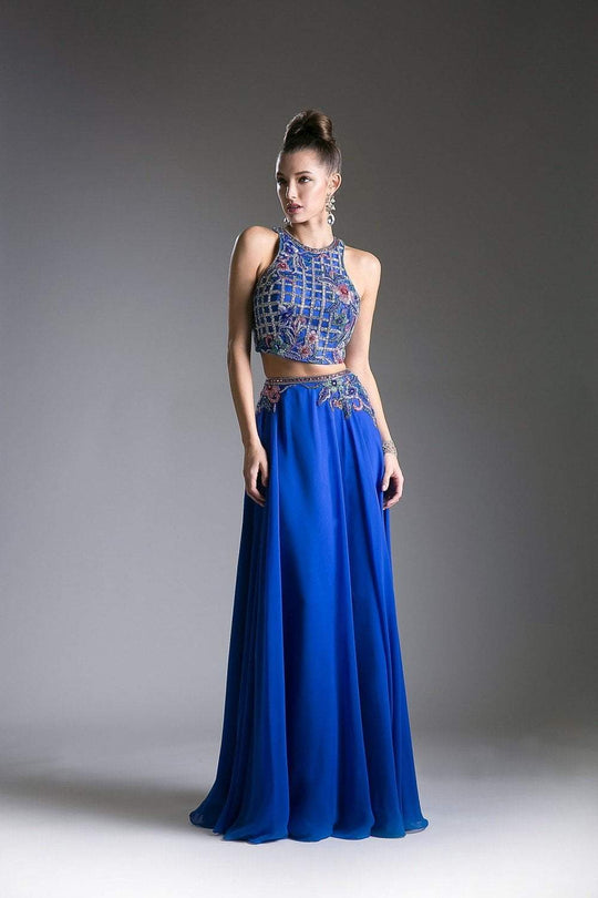 Cinderella Divine - 71401-1 Two-Piece Floral Embroidered A-Line Gown In Blue