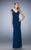 La Femme - Cap Sleeve Ruched V-neck Trumpet Gown 22040 in Blue