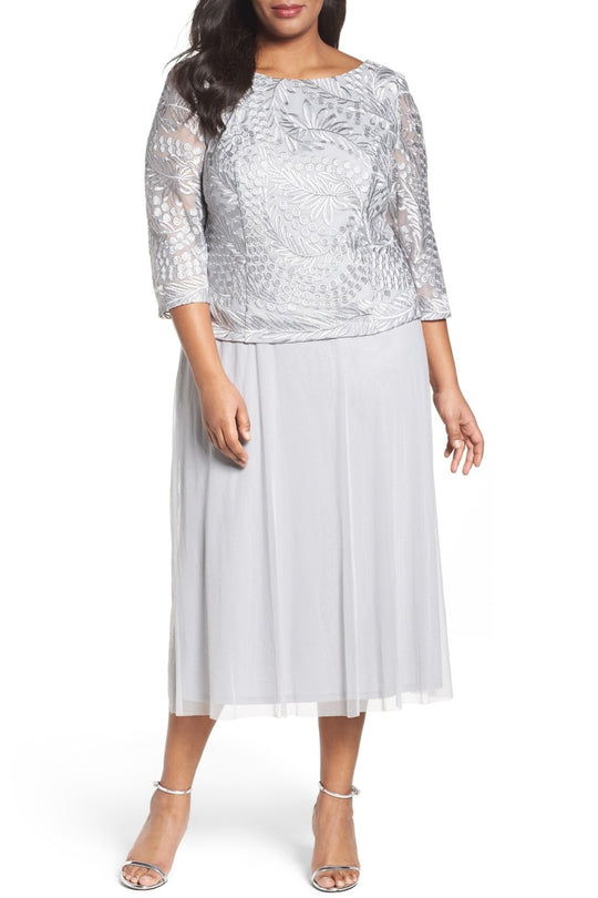 Alex Evenings - 417197 Mock Two-Piece Embroidered Cowl Back Dress in Gray