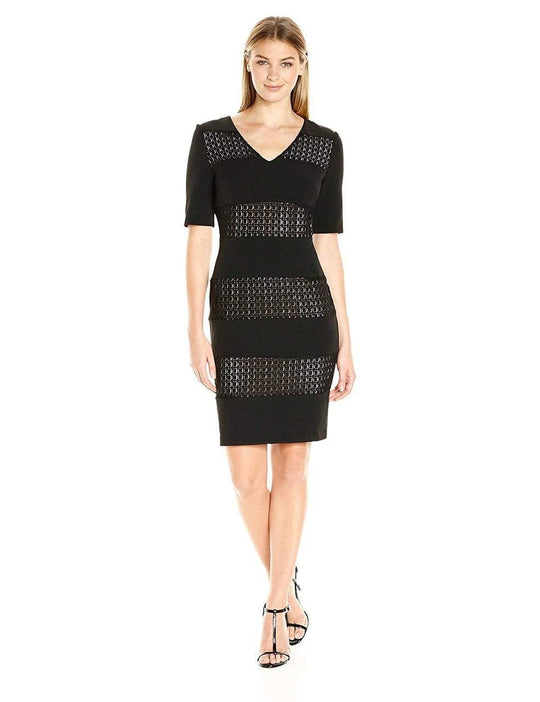 London Times - T2293M Short Sleeve Banded Sheath Dress in Black and Neutral