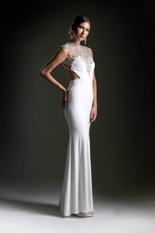 Cinderella Divine - 71457 Cap Sleeve Beaded Illusion High Neck Gown In White