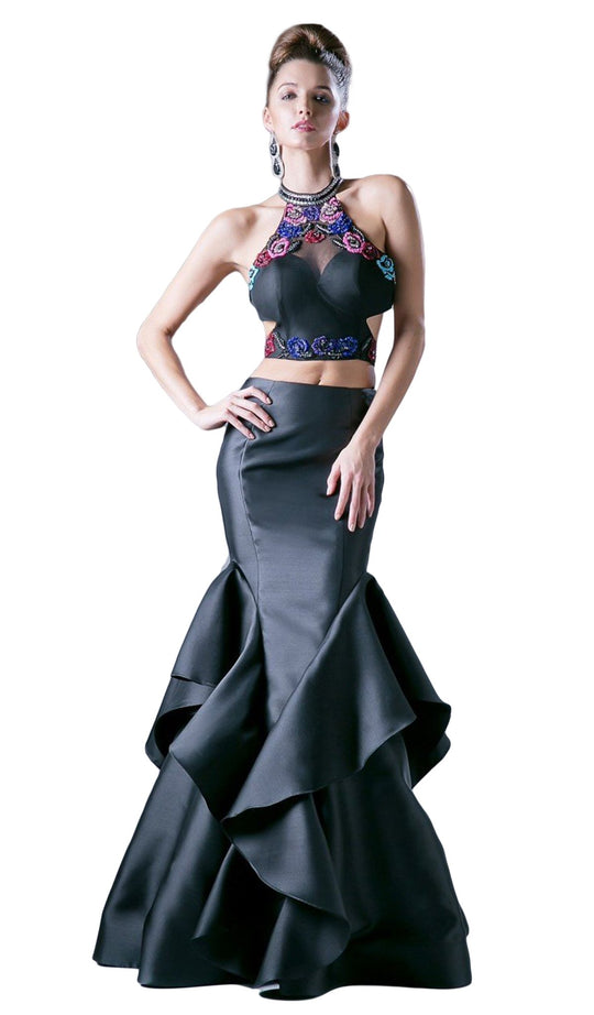 Cinderella Divine - 71477 Floral Embroidered Ruffled Mermaid Gown In Black