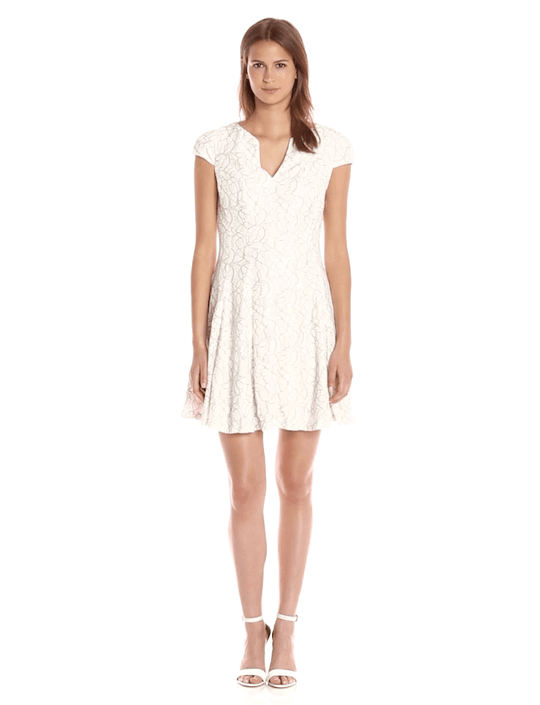 Julia Jordan - 36438 V-Neck Cap Sleeve Lace Fitflare Dress in White