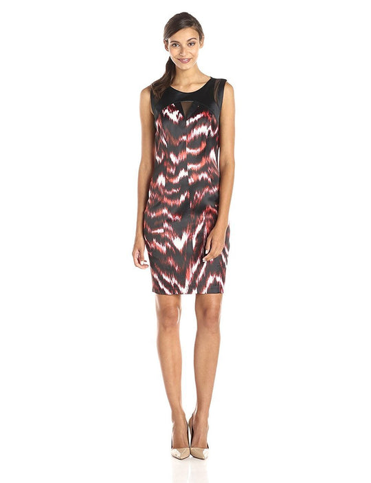 Jax - 1PWQ16B Abstract Printed Sheath Dress in Red and Multi-Color
