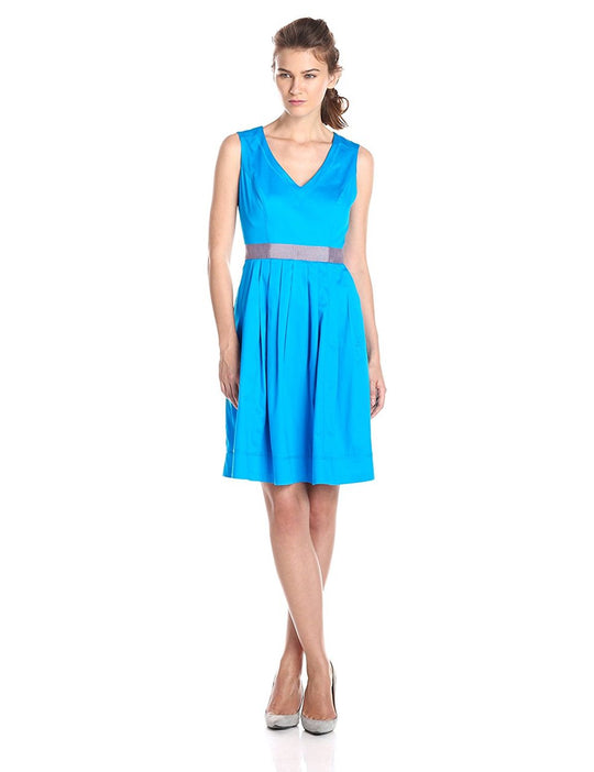 Nine West - 10557318 V-neck Pleated A-line Dress in Blue