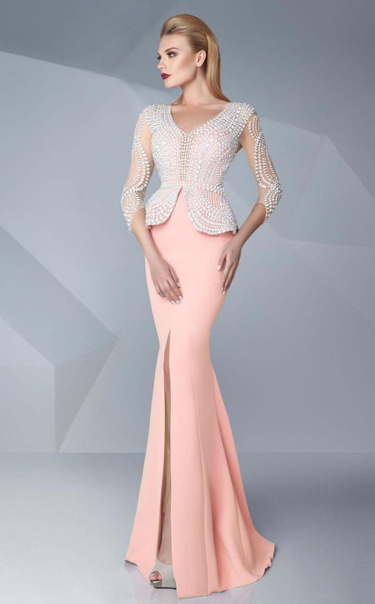 MNM Couture - Embellished Illusion Mermaid Gown G0573 in Pink