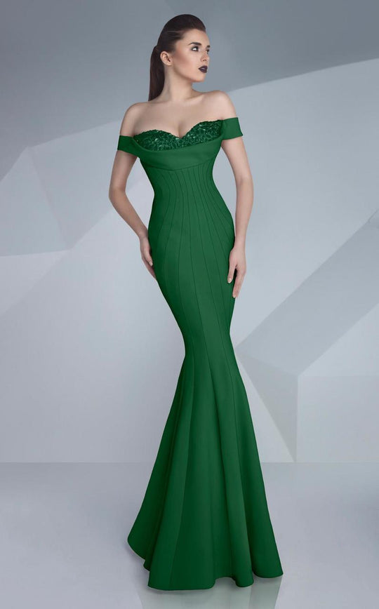 MNM Couture - Ornate Off-Shoulder Mermaid Gown G0592 in Green