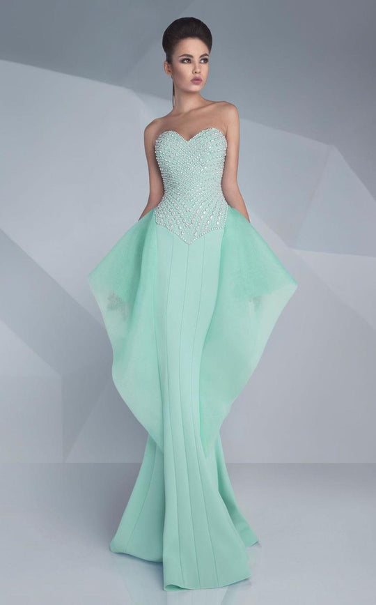 MNM Couture - Strapless Crystal Adorned Gown G0597 in Green