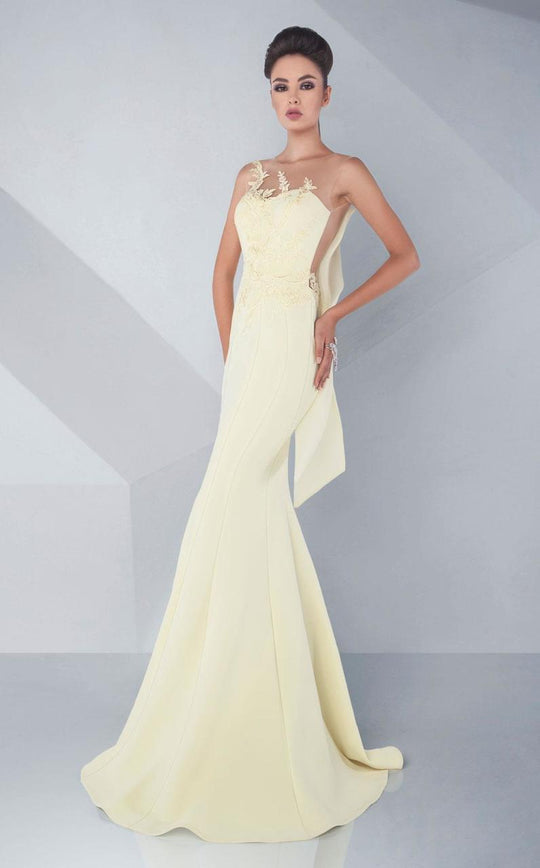 MNM Couture - Illusion Jewel Neck Trumpet Dress G0614 in Yellow