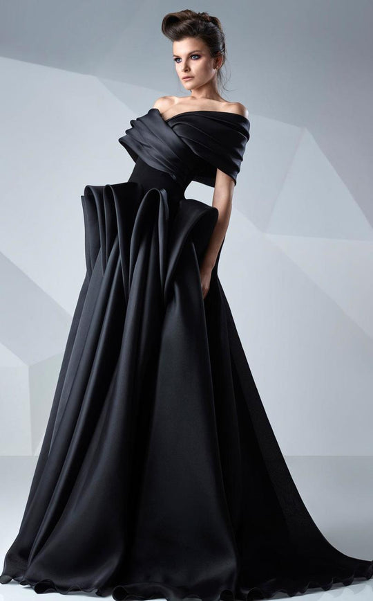 MNM Couture - Origami Off-Shoulder Gown G0621 in Black