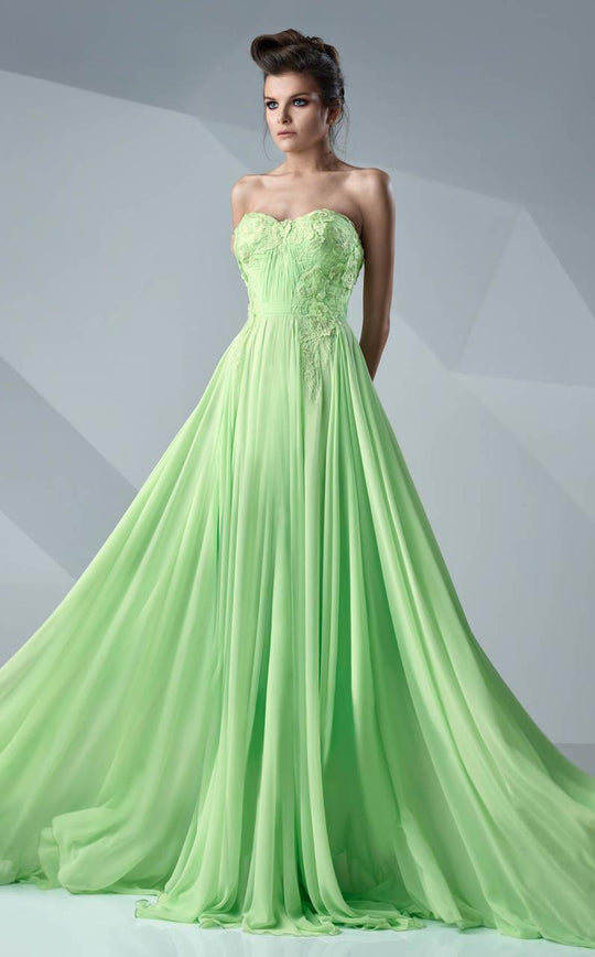 MNM Couture - Strapless Ruched Floral Long Gown G0626 in Green