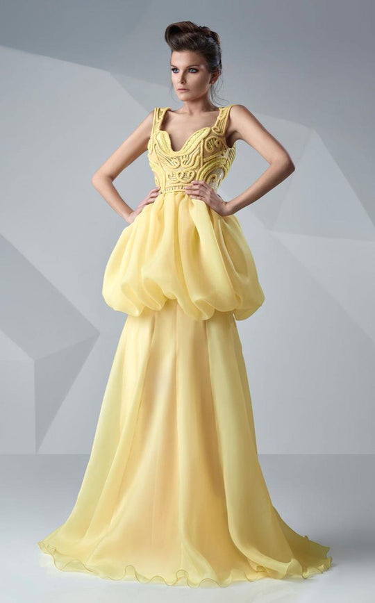 MNM Couture - Sleeveless Blouson Ruffled Long Gown G0651 in Yellow