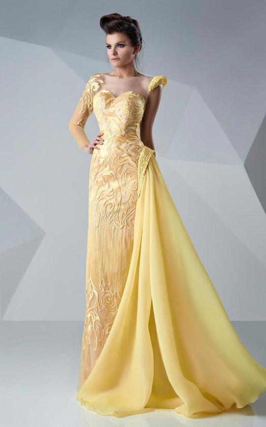 MNM Couture - Embroidered One Sleeve Long Gown G0652 in Yellow