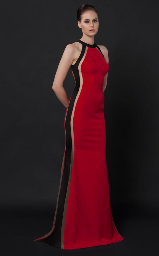 MNM Couture - N0033 High Neck Colorblock Evening Gown in Red and Black