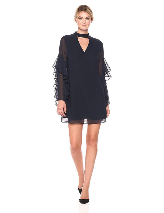 Sam Edelman - 10F091 Cutout Front Draped Sleeves Chiffon Short Dress in Blue