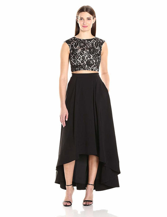 Aidan by Aidan Mattox - MN1E200681 Two Piece Lace High Low A-line Gown in Black and Neutral
