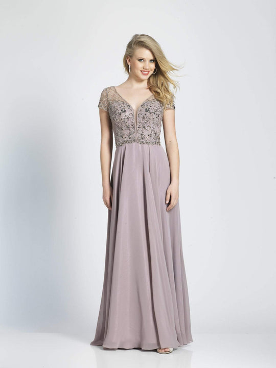 Dave & Johnny - A7164W Beaded Plunging V-Neck A-Line Gown In Brown, Gray