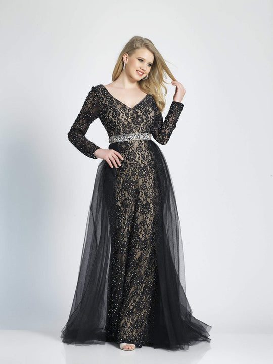 Dave & Johnny - A7165W Beaded Floral Lace Dress with Overskirt In Black and Neutral