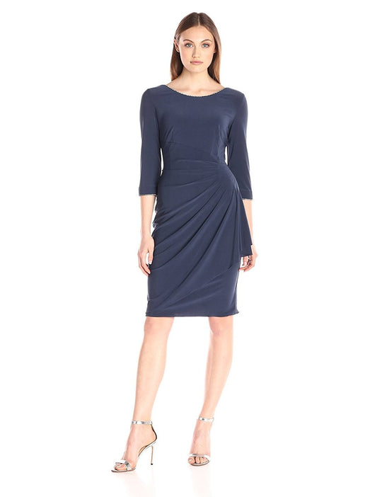 Alex Evenings - 1351210 Embellished Bateau Jersey Sheath Dress in Blue and Gray