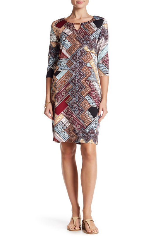 Nina Leonard - L5915A Printed Jewel Column Dress in Brown and Multi-Color