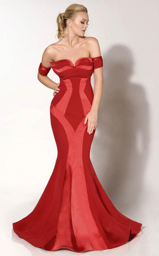 MNM Couture - 2276 Off-Shoulder Structured Mermaid Gown in Red