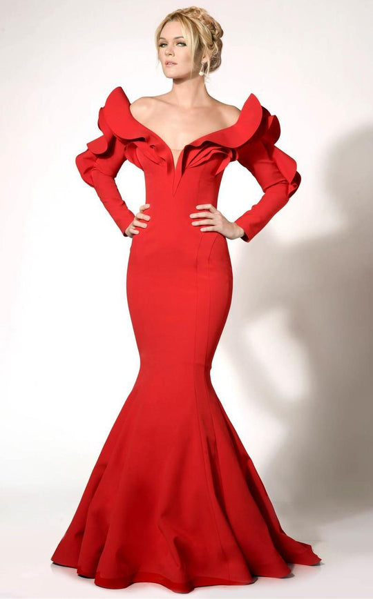MNM Couture - Long Sleeve Off-Shoulder Mermaid Dress 2285A in Red
