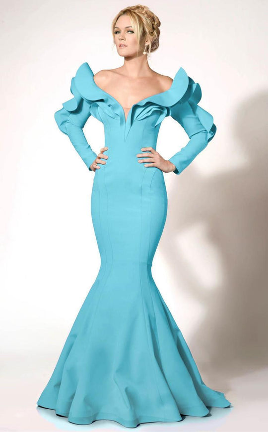 MNM Couture - 2285A Long Sleeve Off-Shoulder Mermaid Dress  in Blue