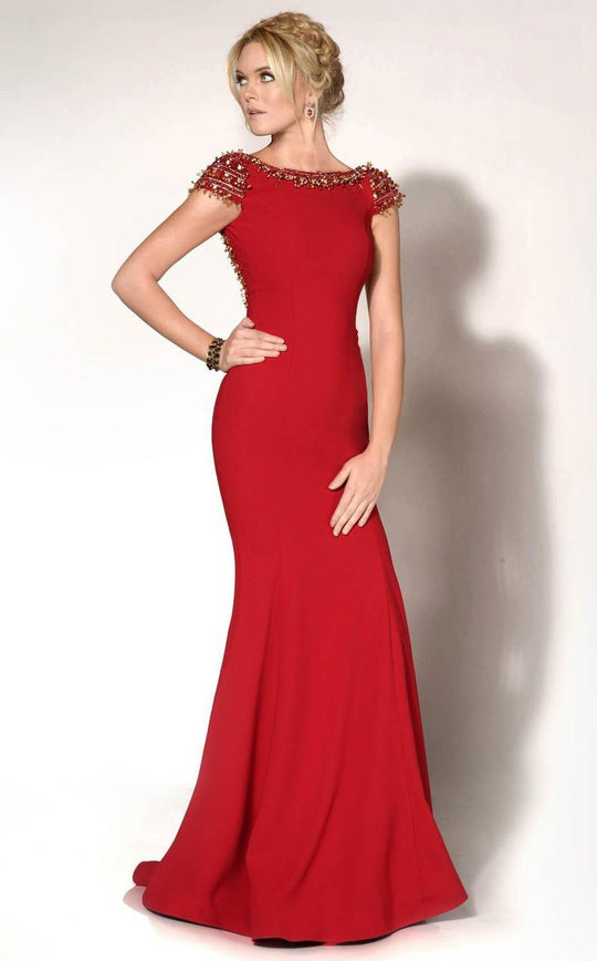 MNM Couture - C1203 Embellished Bateau Neck Sheath Dress in Red